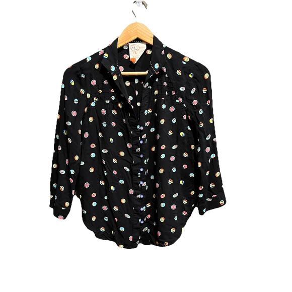 Anthropologie 13 of 52 Conversations Black Buttons Button Up Women's Top Size 0 - Picture 1 of 6